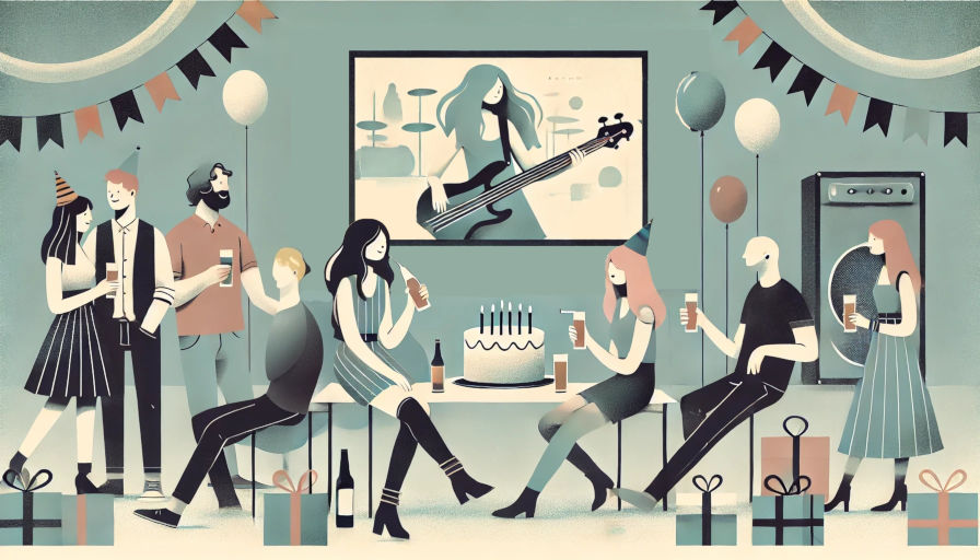 Guests enjoy a drink and chatting at a casual party while koo-we shows a photo of the host playing base guitar with her band in the background