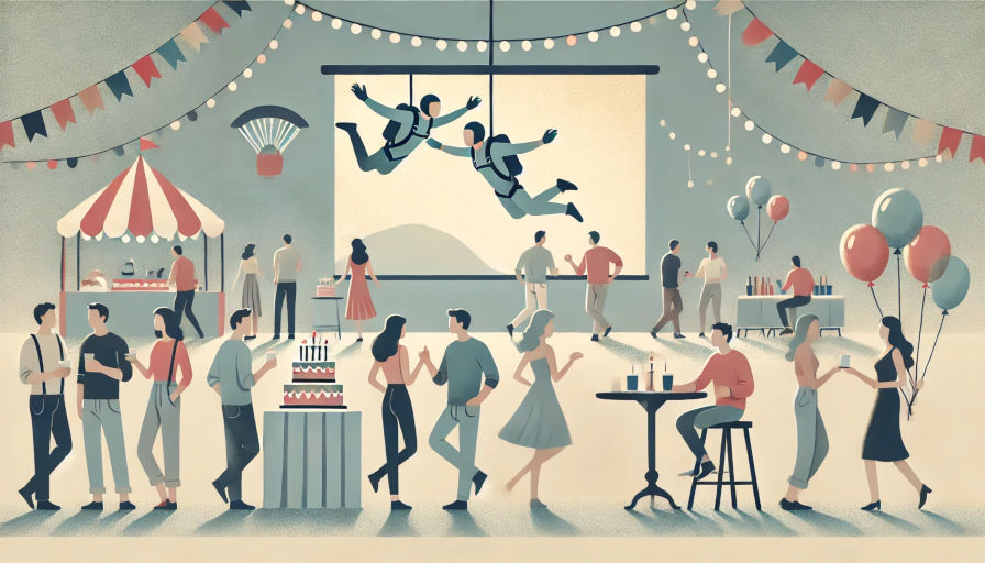 koo-we shows a couple sky-diving while party guests enjoy themselves